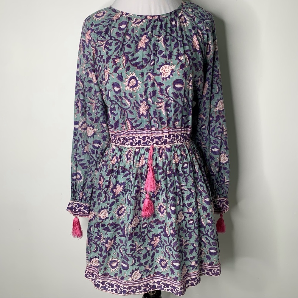Bell Women's Boho Purple Green Floral Tassels Cotton Long Sleeve Dress Size XS
